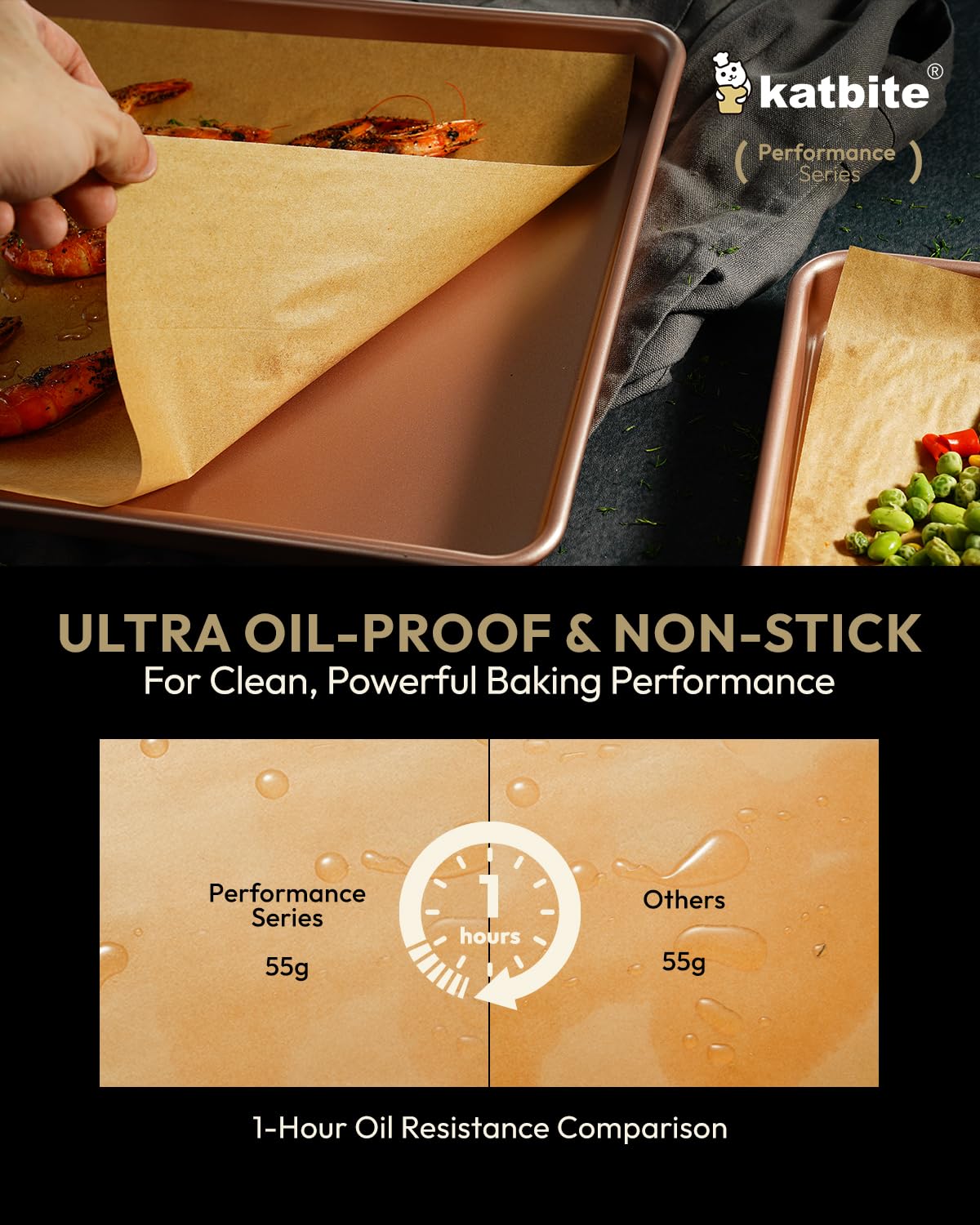 Katbite parchment with food-grade silicone coating on both sides for safe, non-stick performance.
