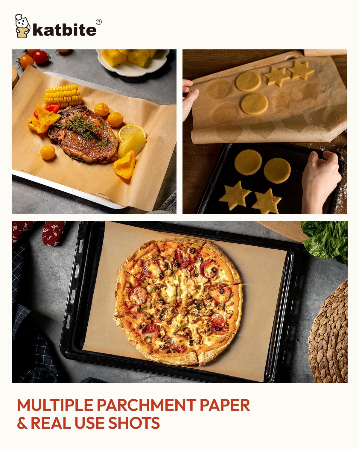 Katbite greaseproof and waterproof parchment paper protects trays and liners meals.