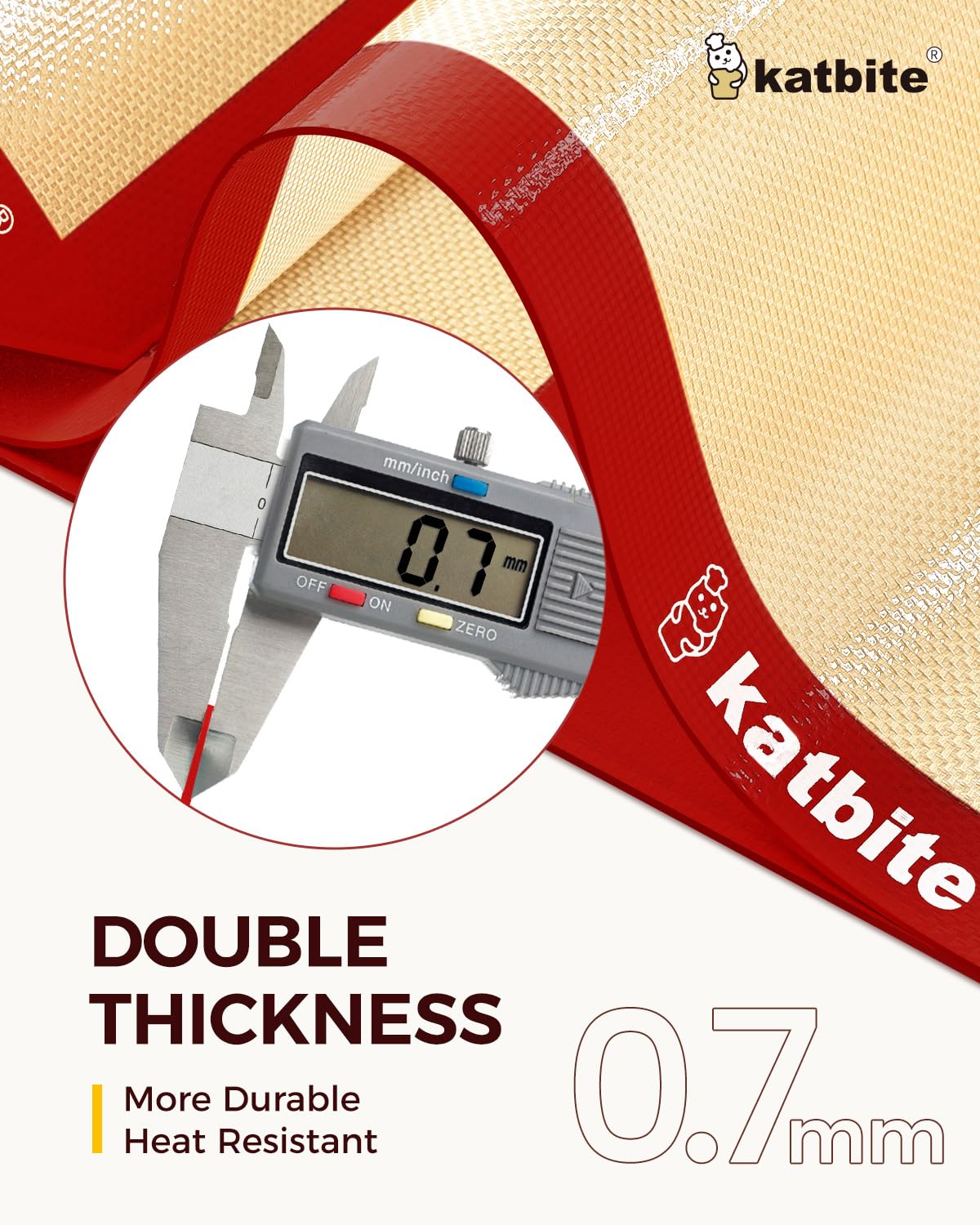 Katbite half-sheet red silicone baking mat, back view showing durable nonstick surface.