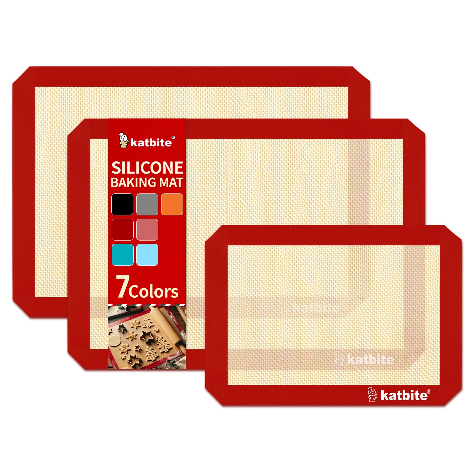 Katbite half-sheet red silicone baking mat, front view for even browning and easy release.