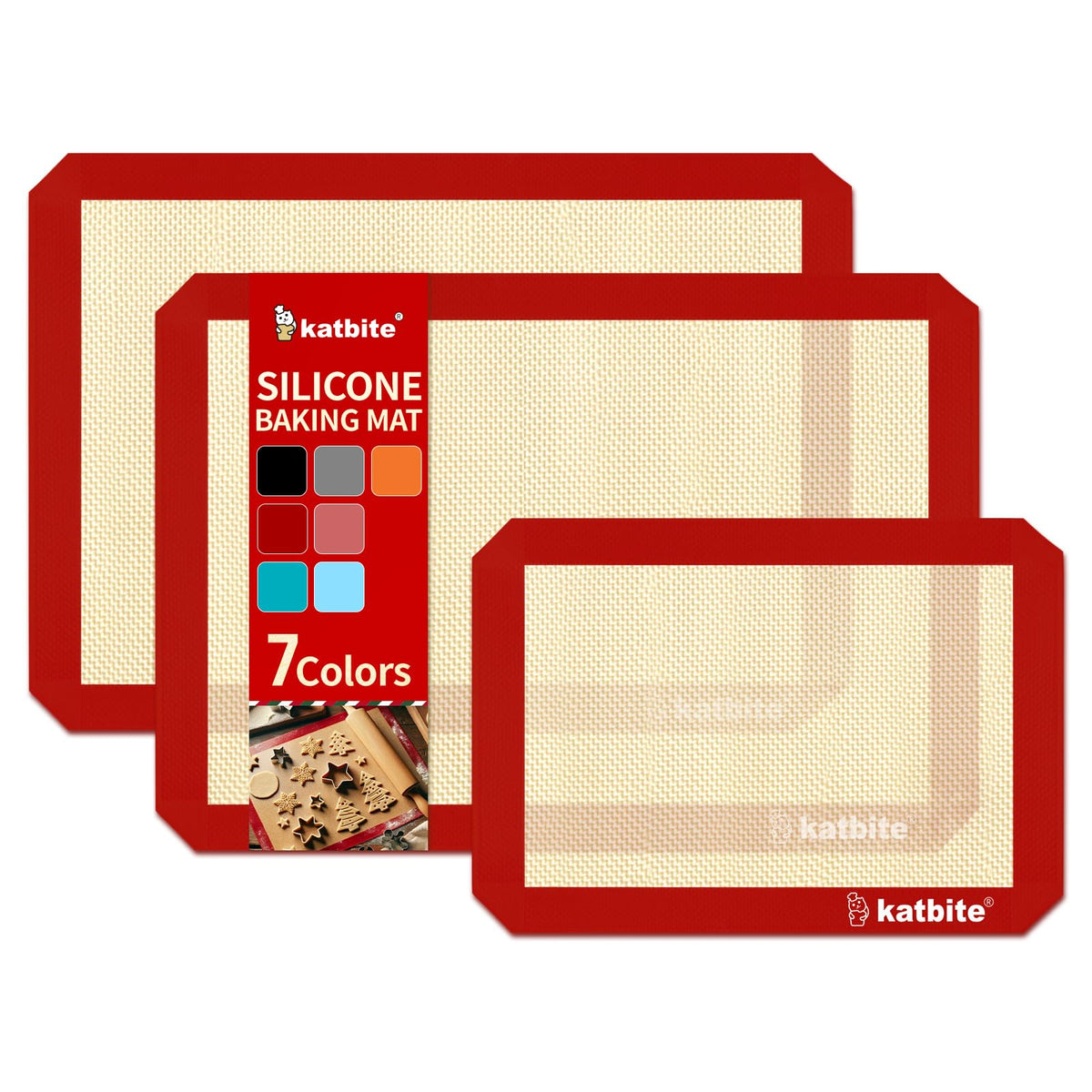 Katbite half-sheet red silicone baking mat, front view for even browning and easy release.