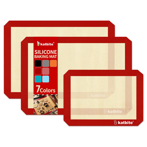 Katbite half-sheet red silicone baking mat, front view for even browning and easy release.