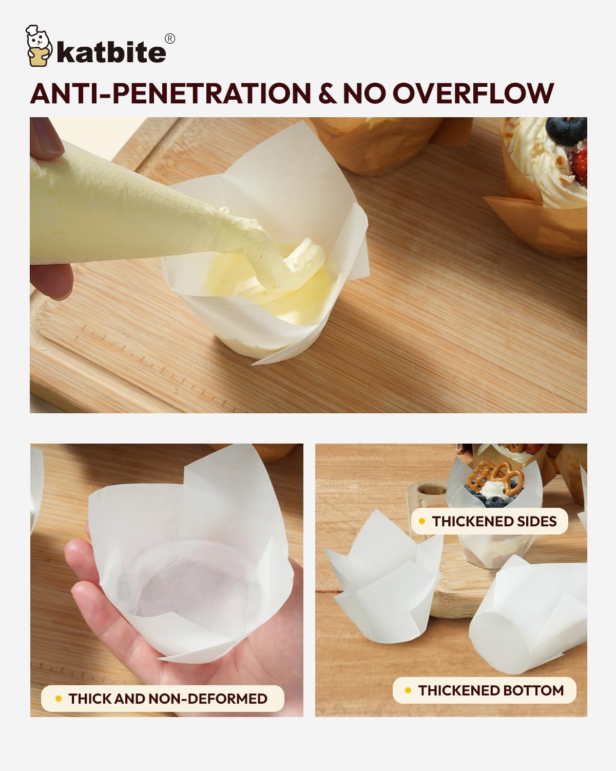 Katbite Oven-safe cupcake liners demonstrating heat tolerance up to 428℉