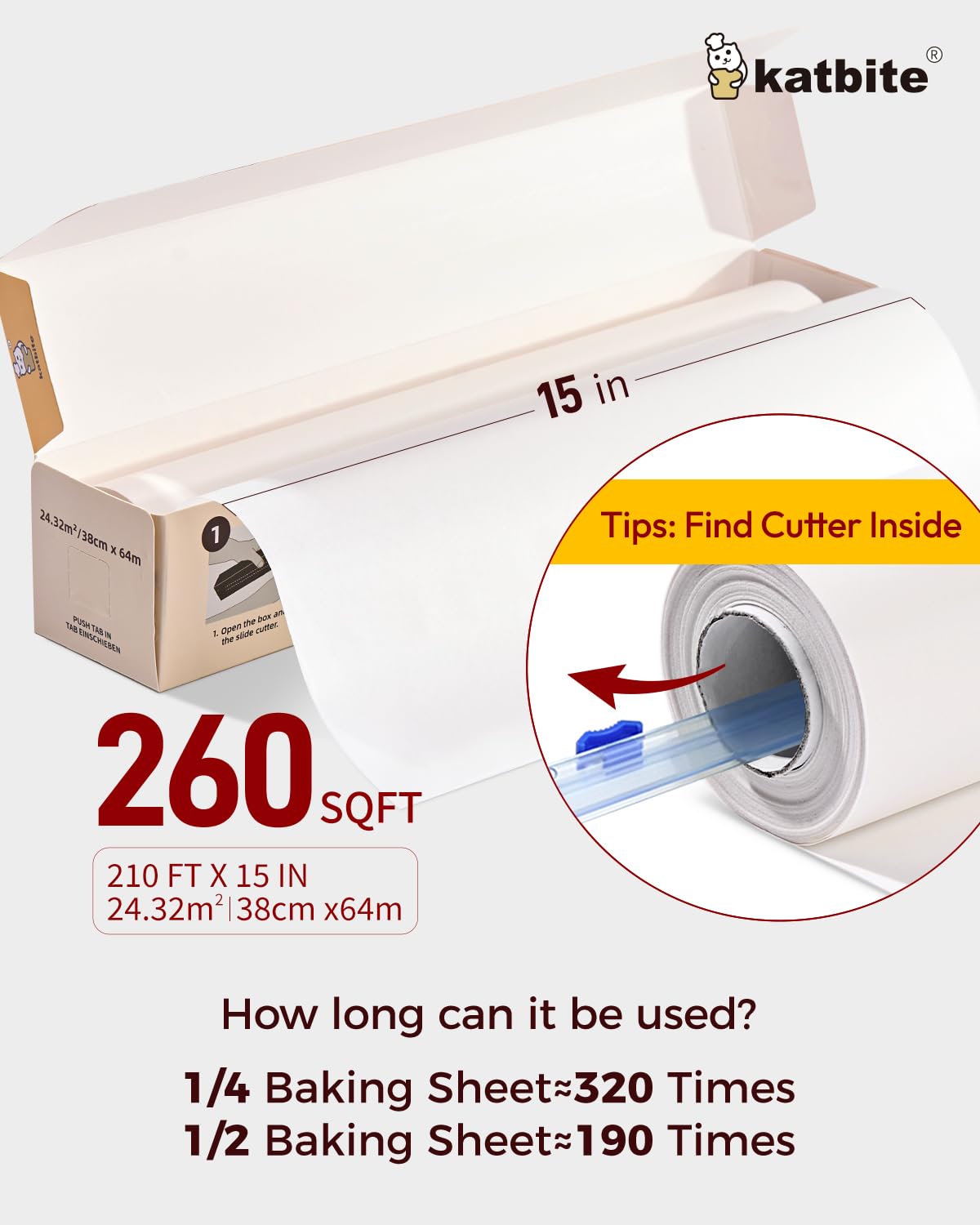 Katbite parchment paper roll unrolled to reveal 15-inch width.