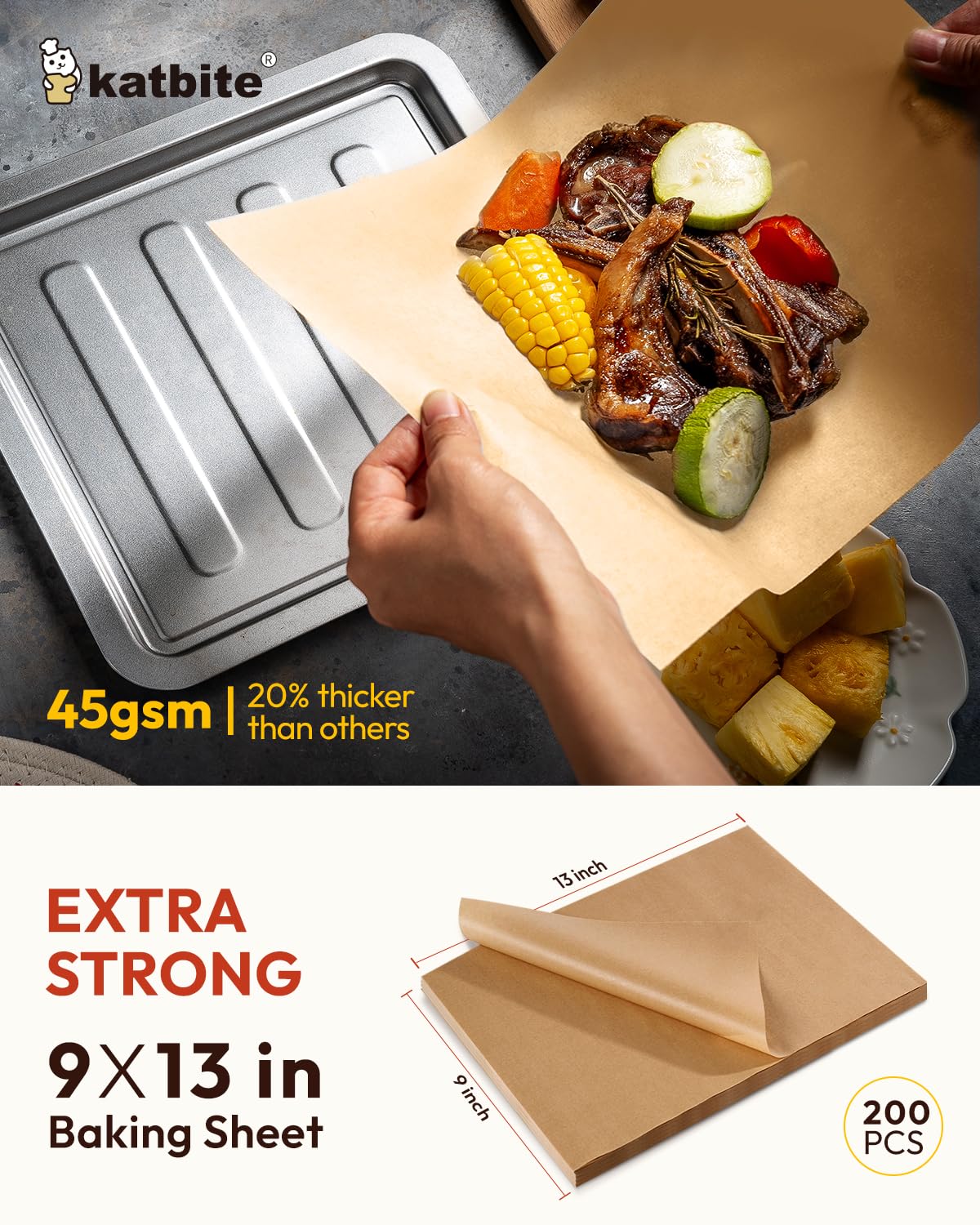Katbite pre-cut 9x13 parchment paper sheets for quick, curl-free lining.