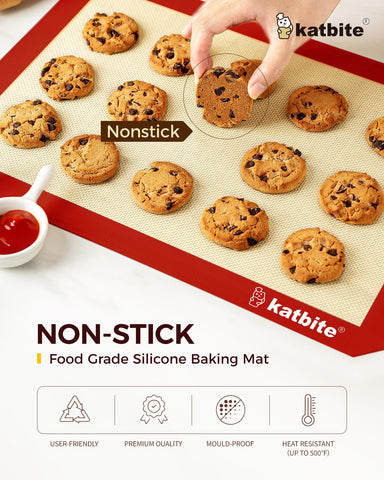 Katbite quarter-sheet red silicone baking mat, front view with even heat distribution.