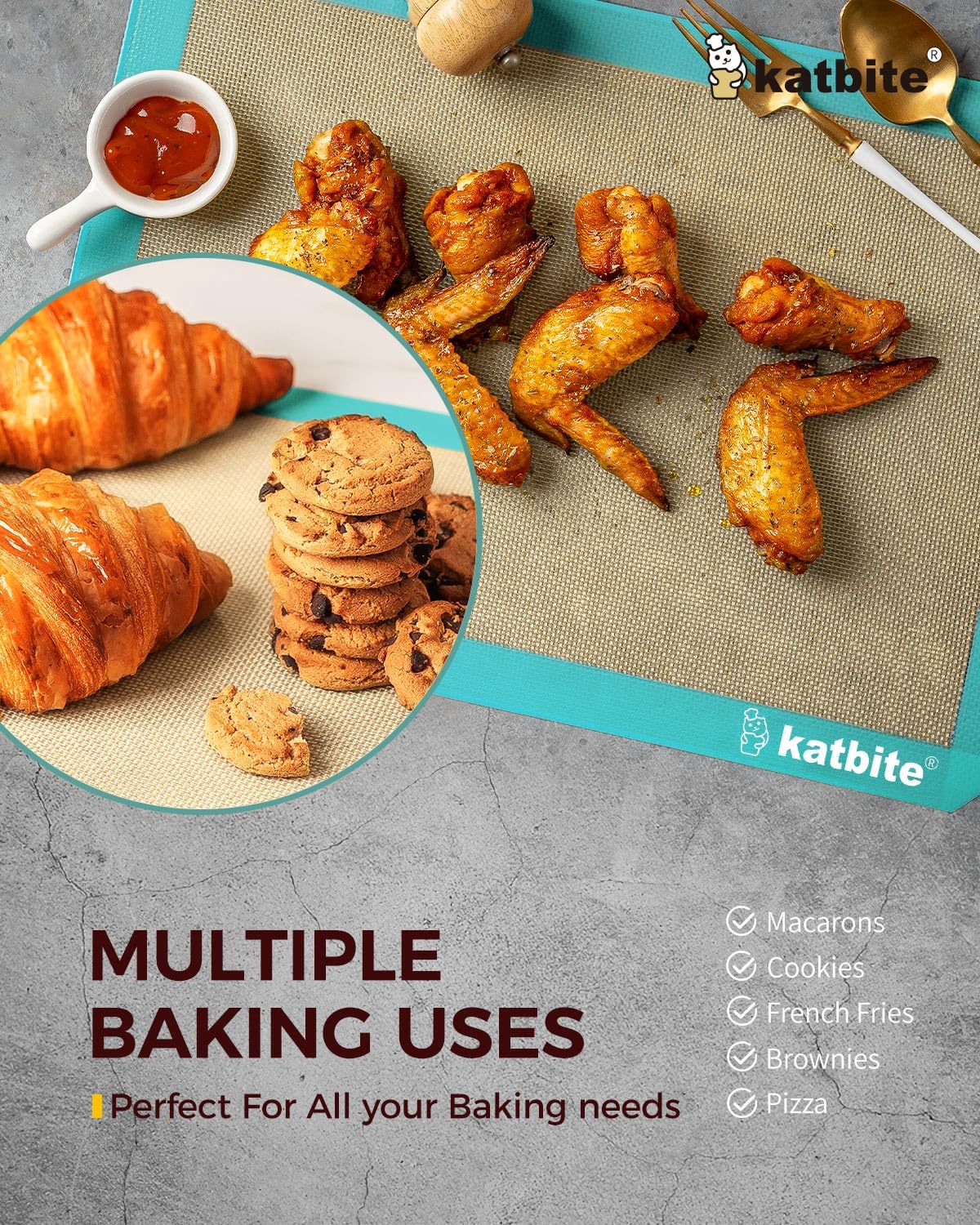 Katbite 0.7 mm thick half-sheet mat stays flat for steady baking results.