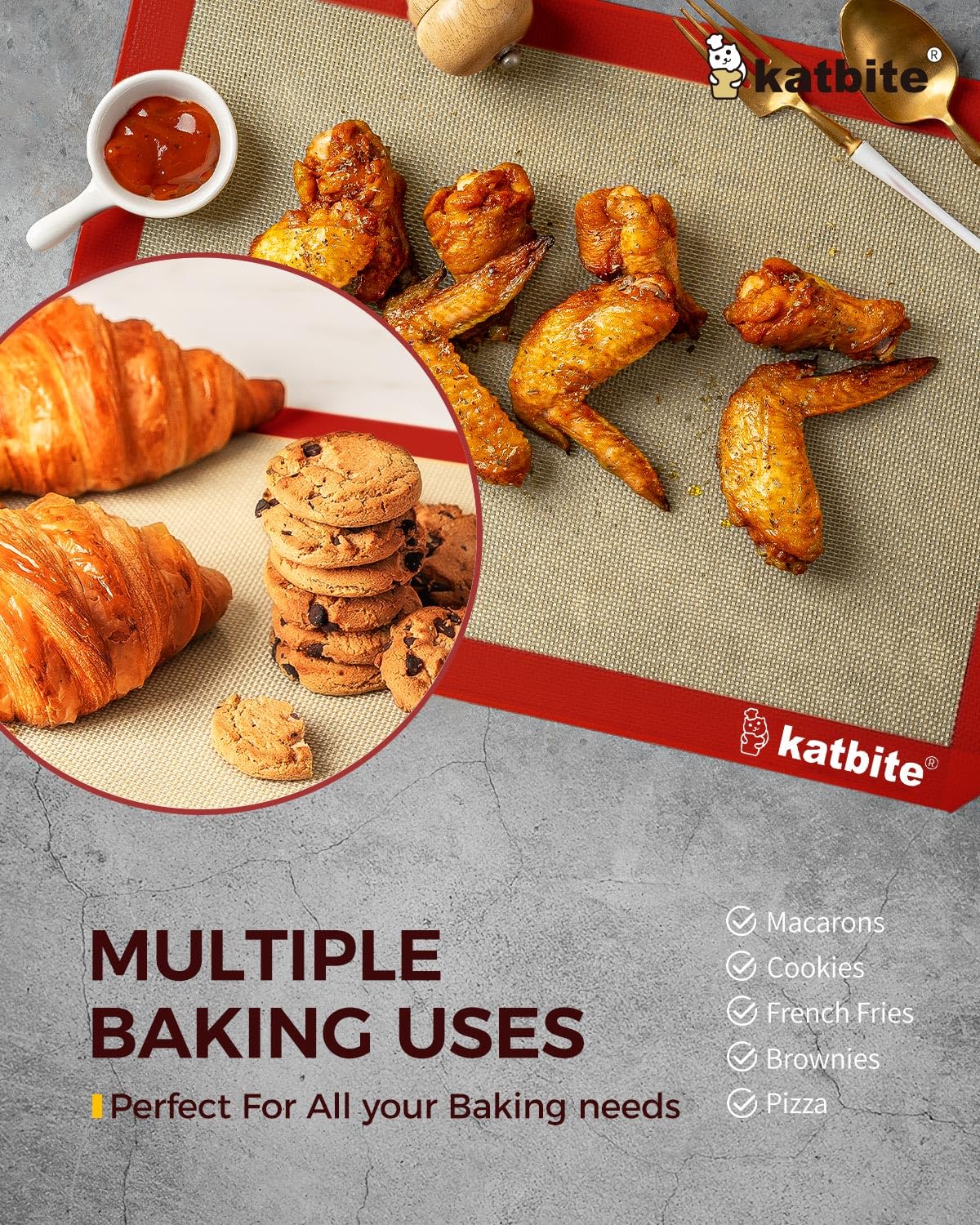 Katbite silicone mats in use for cookies, macarons and bread with easy release.