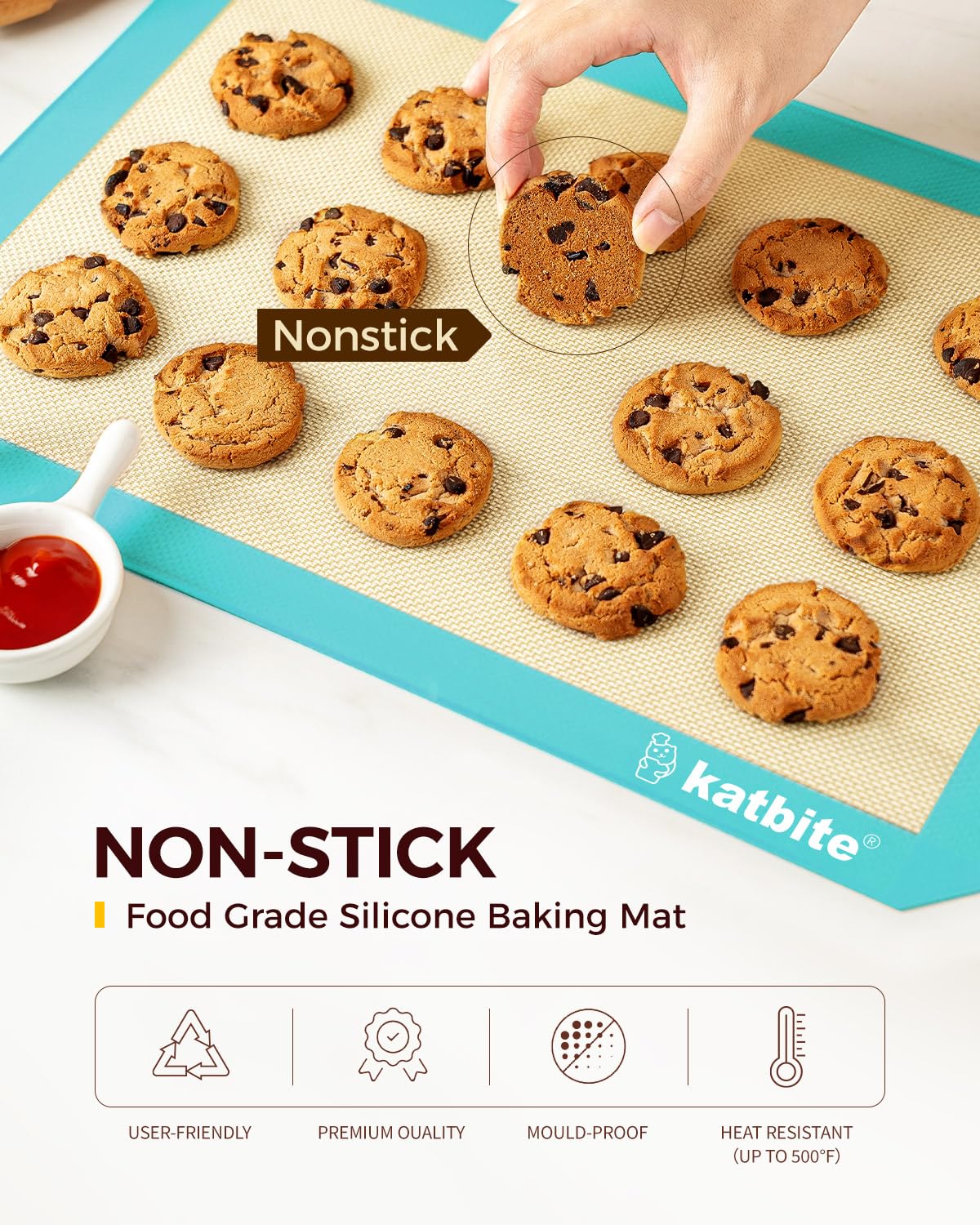 Katbite silicone nonstick mat enables quick cookie release and simple cleanup.