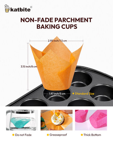 Katbite tulip liners color varieties in green, yellow, orange, rose enhance cupcakes.
