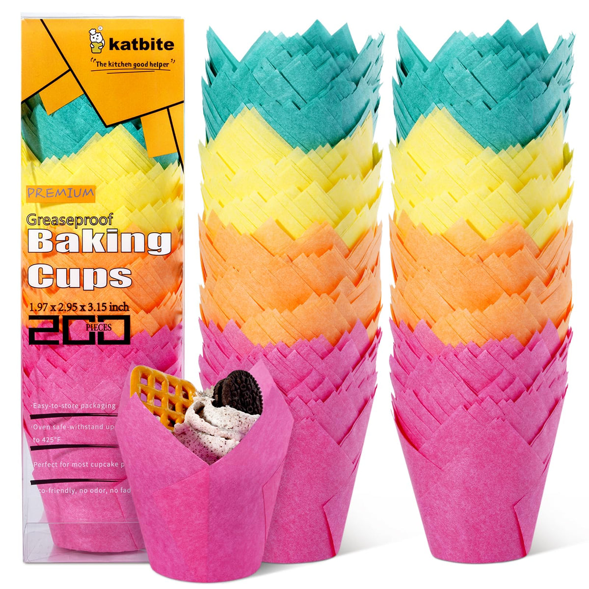 Katbite Tulip Cupcake Liners Pack in assorted colors for celebrations.