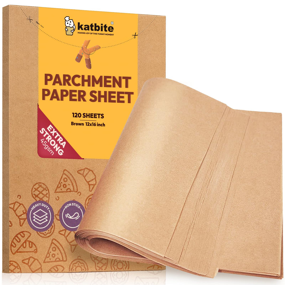 Katbite unbleached parchment paper sheets for baking, non-stick and heat resistant.