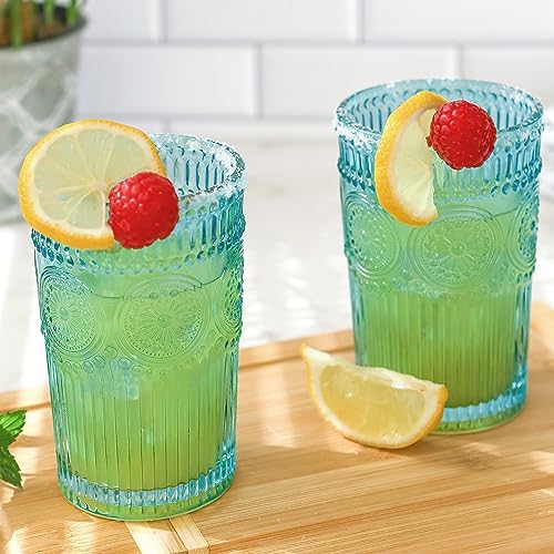 Kate Aspen Aqua glass with embossed flower design for water or juice