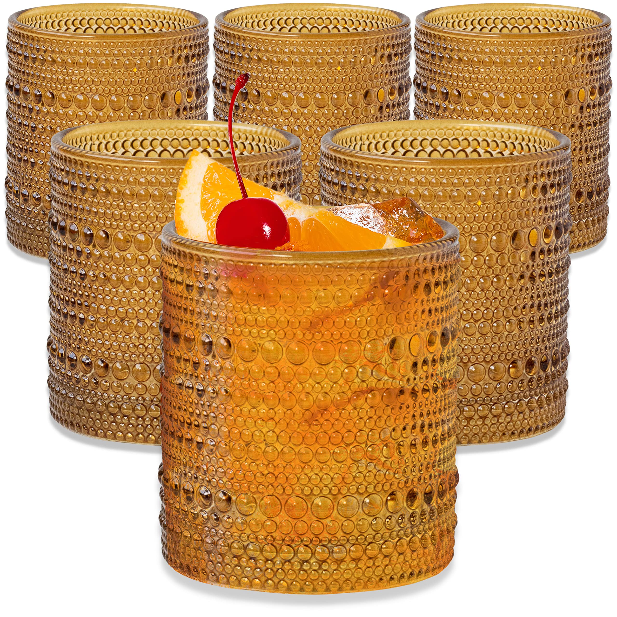 Kate Aspen Beaded Amber Drinking Glasses with embossed base detail for elegant entertaining.