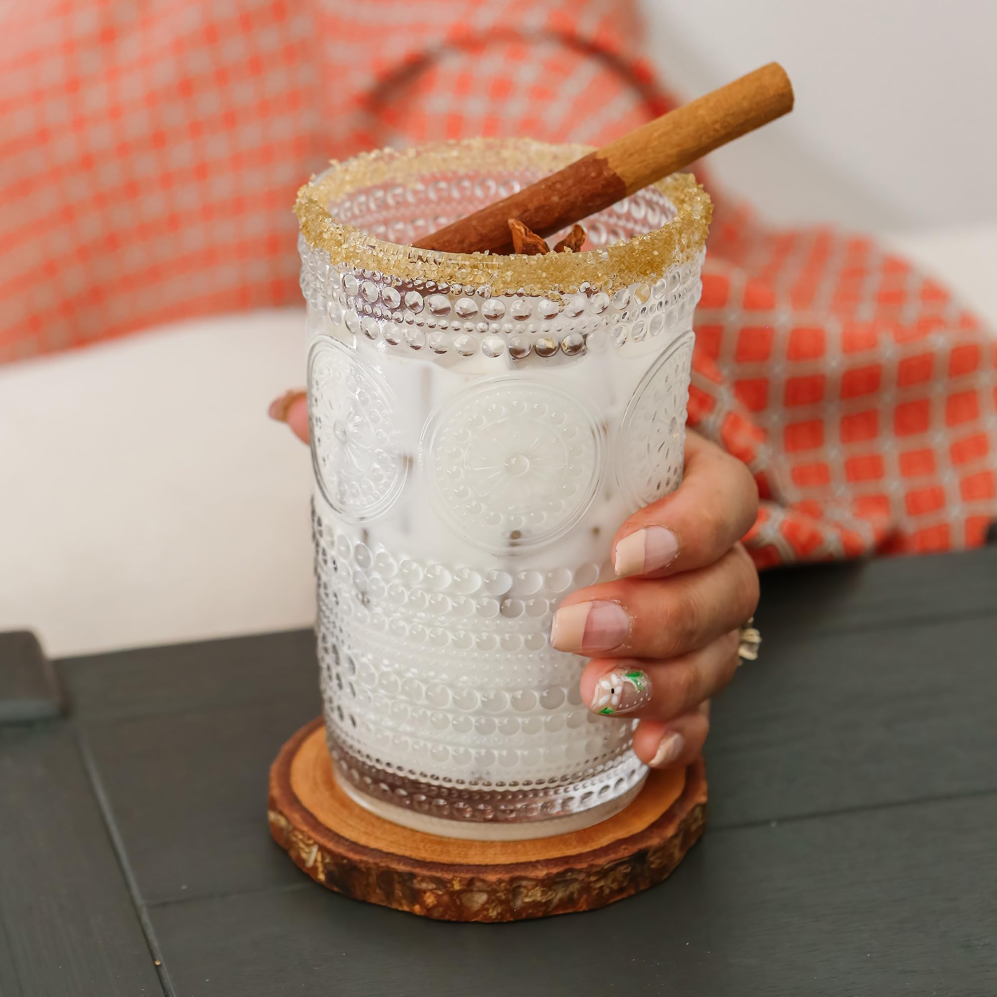Kate Aspen embossed bottom ribbed edge glass adds vintage charm and grip.