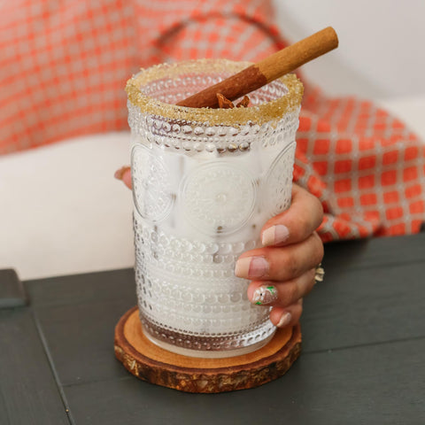 Kate Aspen embossed bottom ribbed edge glass adds vintage charm and grip.