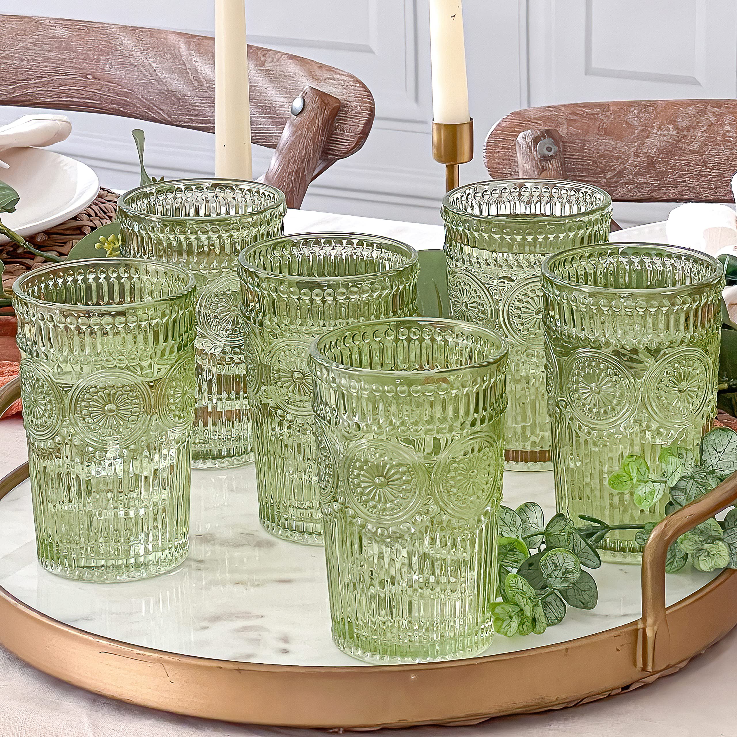 Kate Aspen green glass with embossed floral detail adds vintage charm.