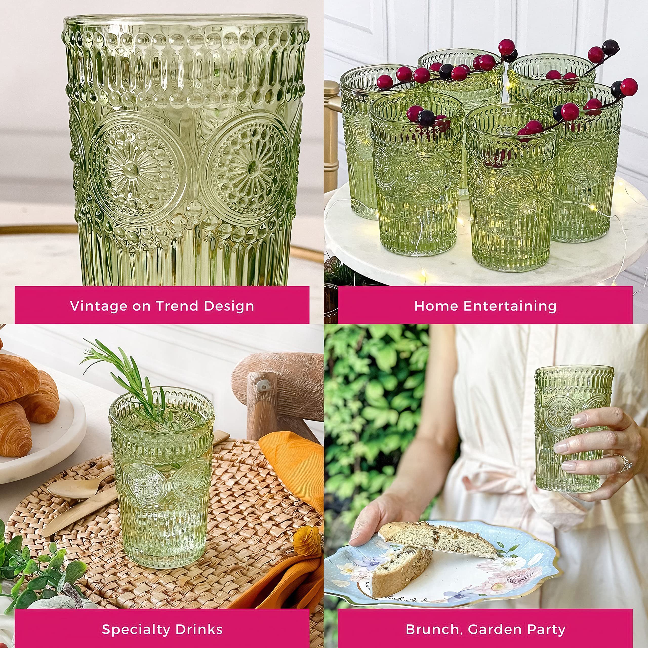 Kate Aspen handcrafted green glassware with retro silhouette.