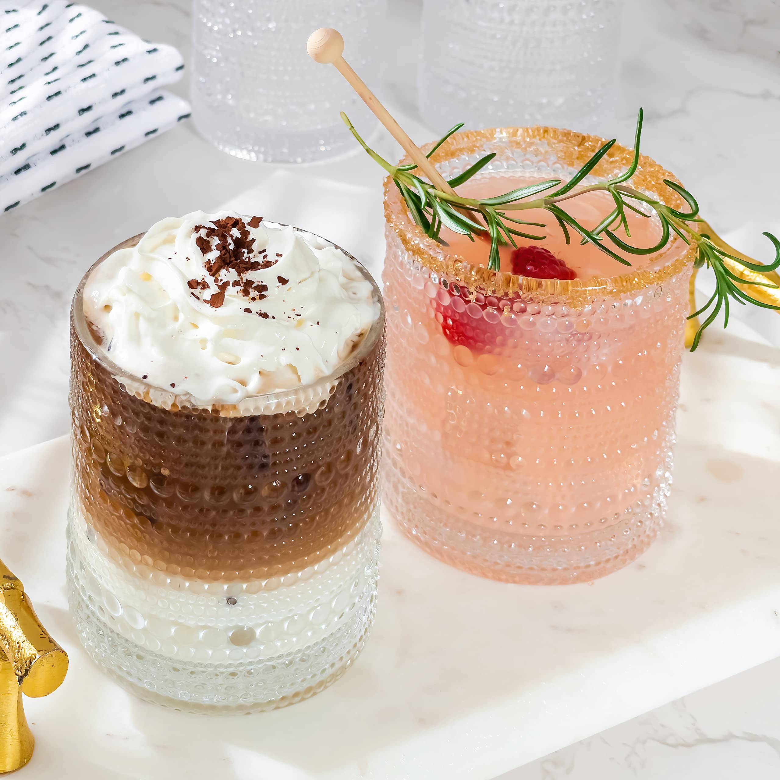 Kate Aspen hobnail embossed glass detail adds retro charm to any bar cart.