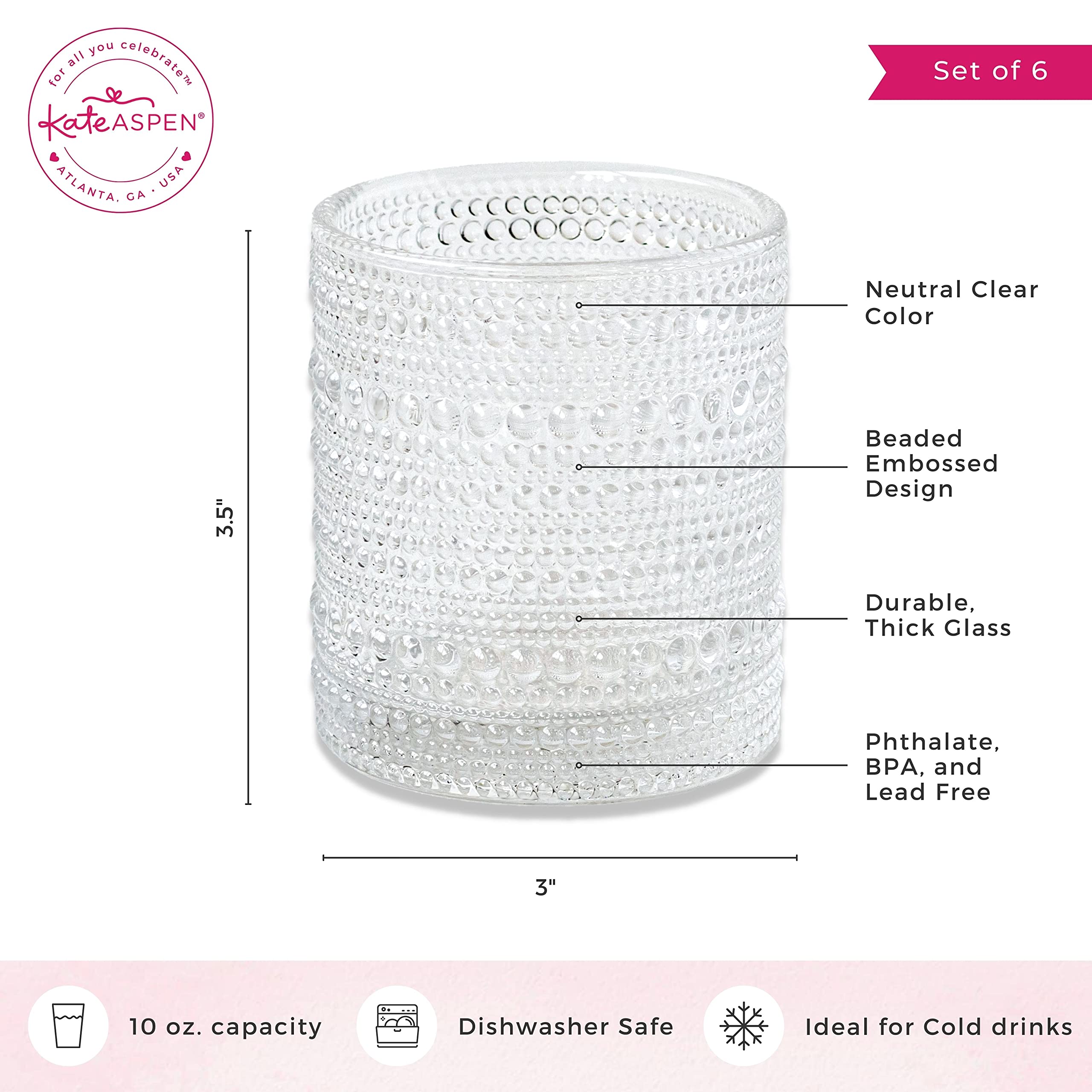 Kate Aspen durable lead-free glassware offers everyday reliability and easy hand-washing.