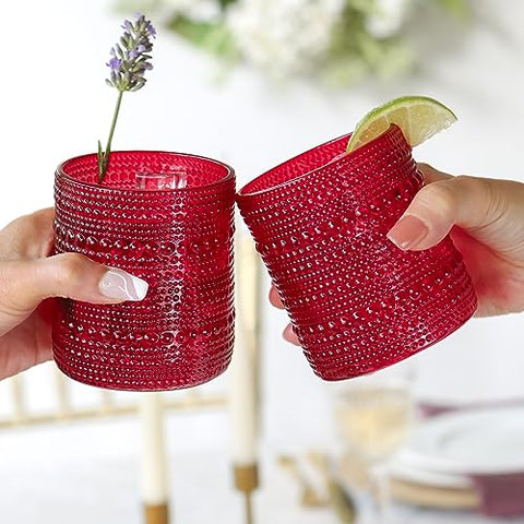 Kate Aspen red beaded texture rocks glass enhances whiskey experiences.