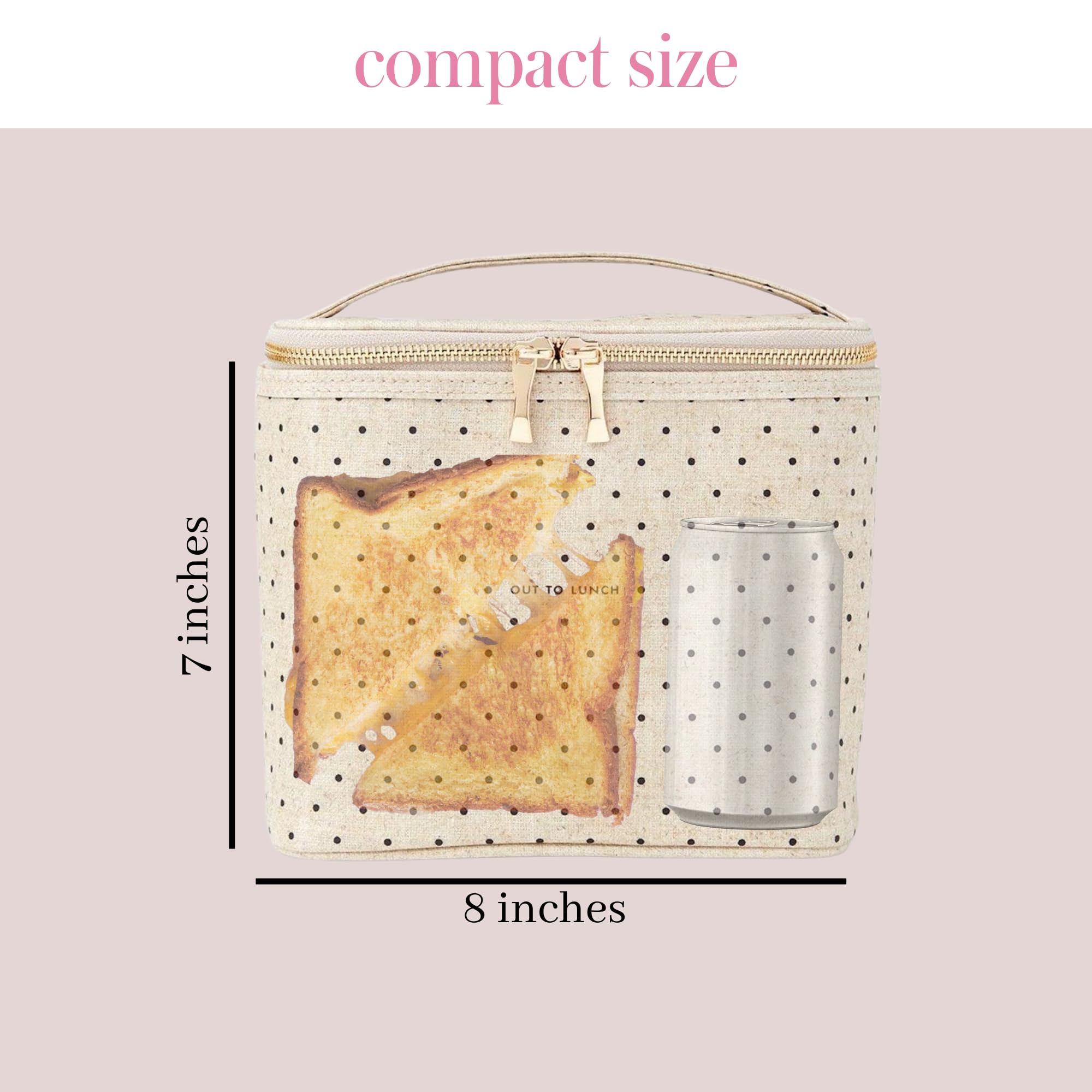 Coated linen exterior of Kate Spade New York lunch tote with secure zip closure.