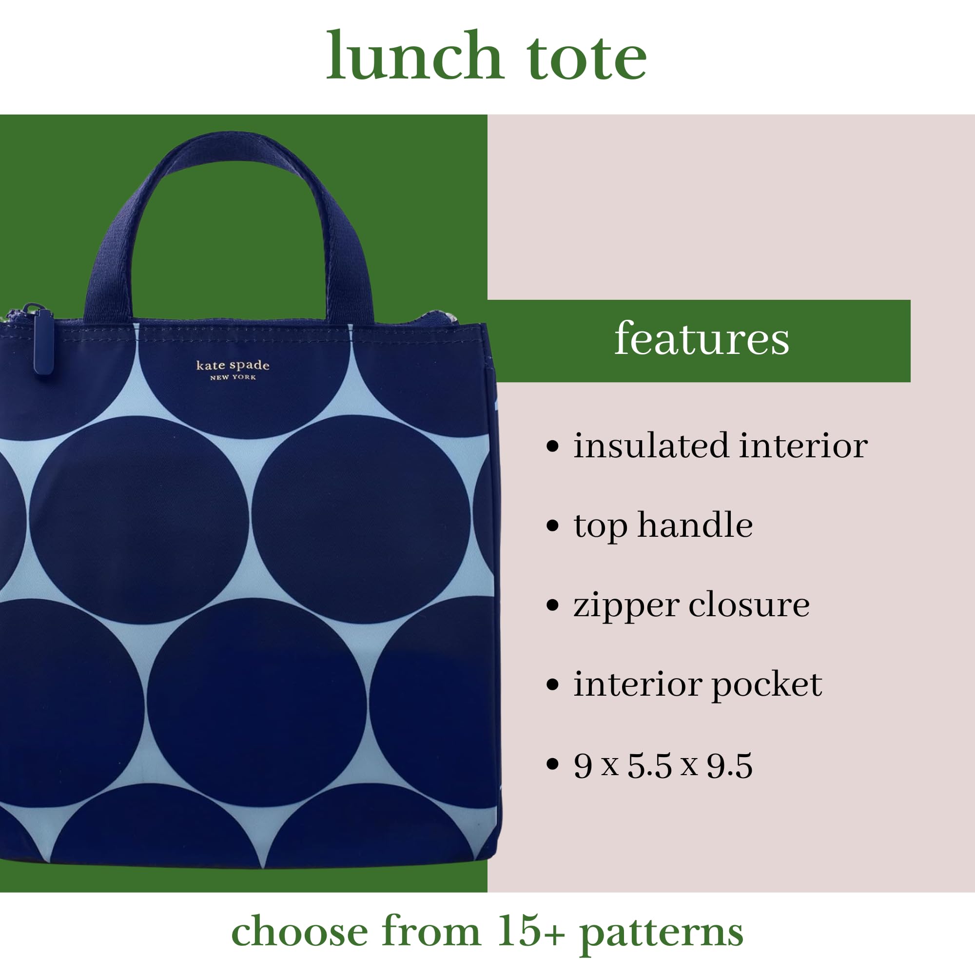 Kate Spade New York Joy Dot lunch bag storage pocket supports organized essentials.