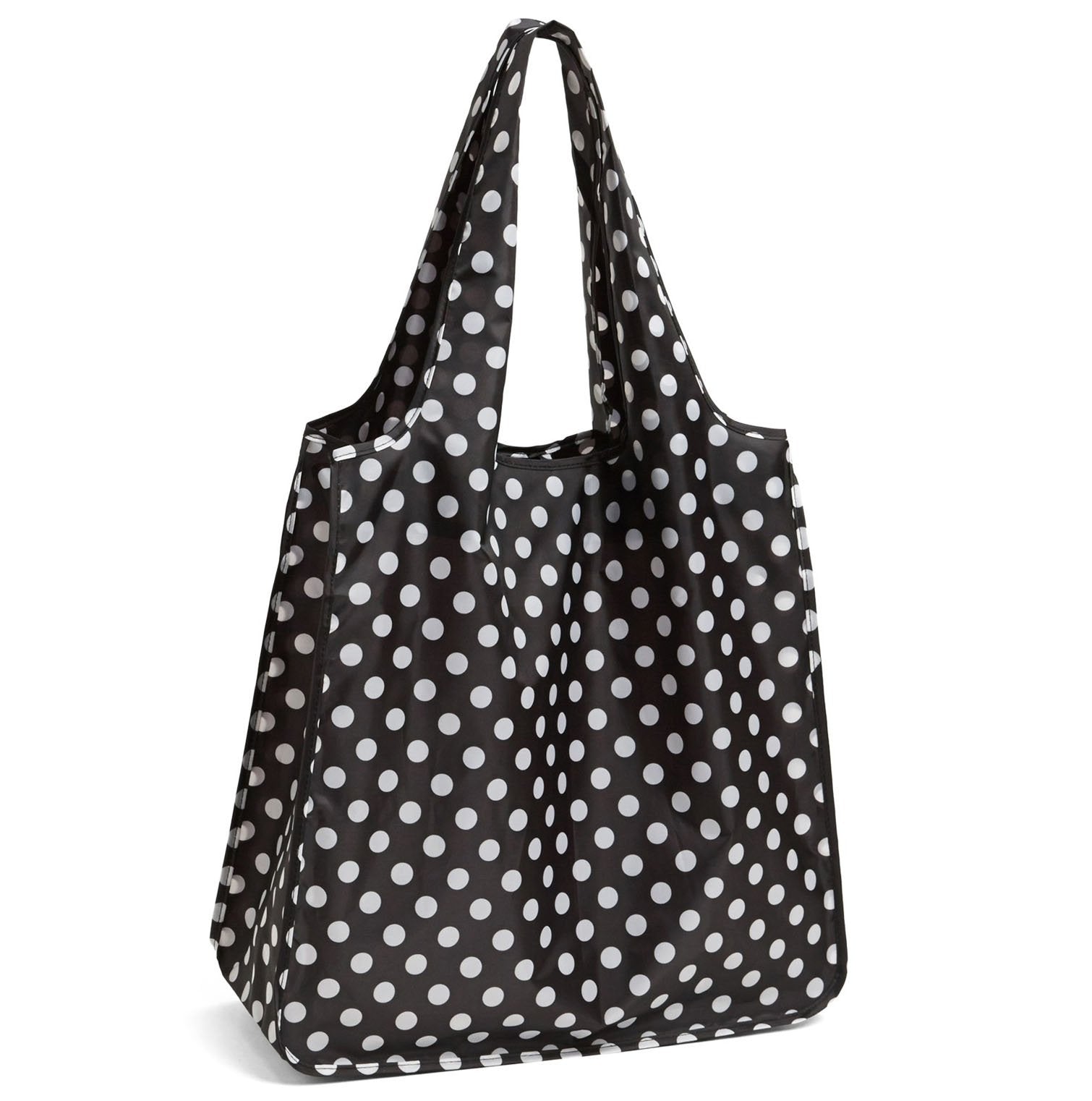 Kate Spade New York reusable tote in black dots with roll-up design for easy storage.
