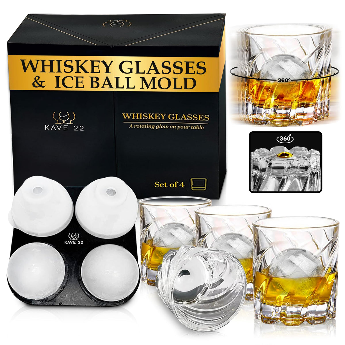 KAVE 22 whiskey glasses with spinning base for elegant pours