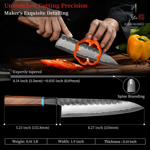 Balanced knife design enhances maneuverability for delicate cuts.