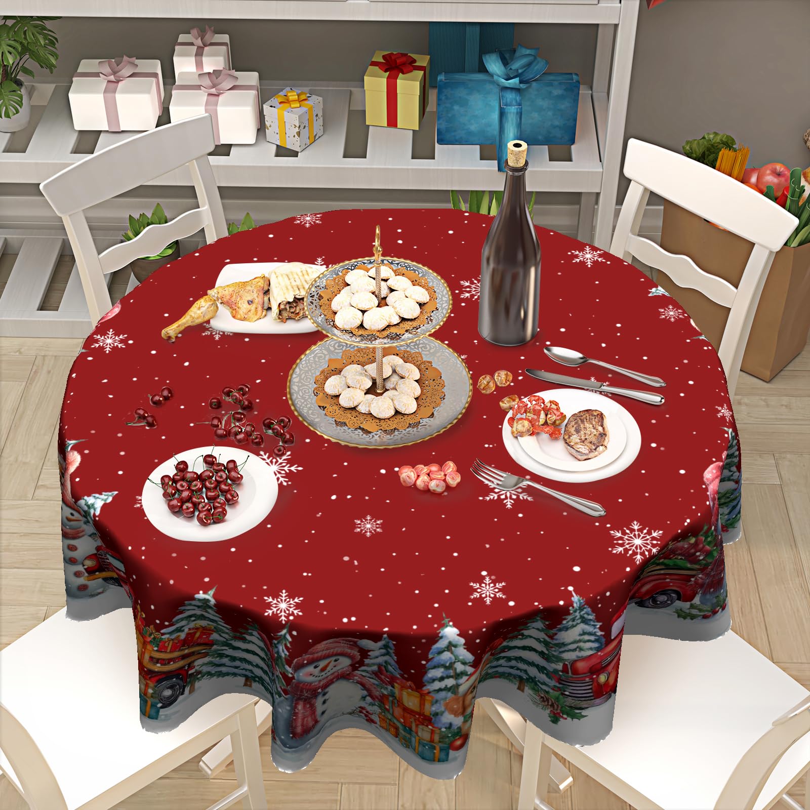 Kawani Christmas tablecloth setting with guests enjoying a cozy meal