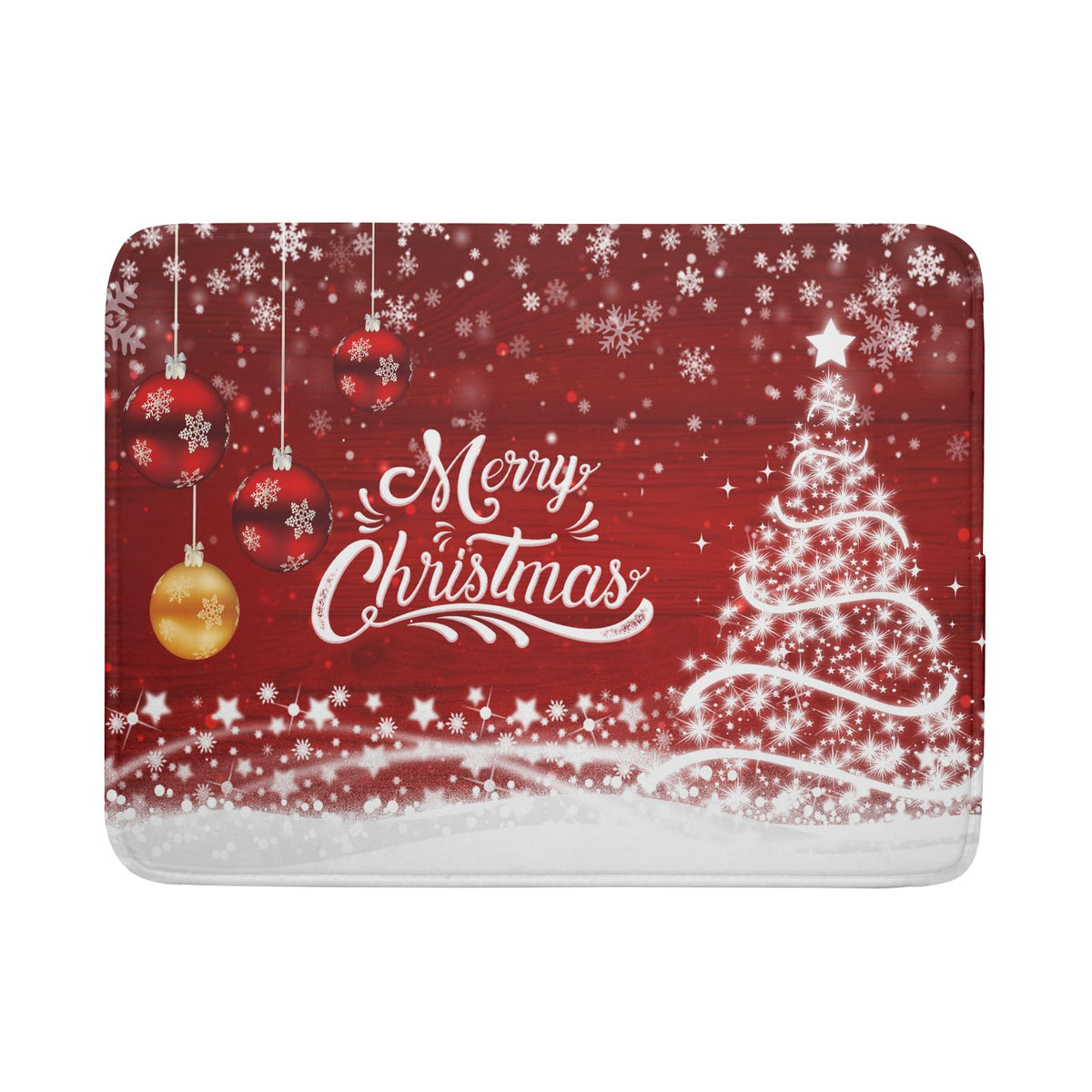 Kawani Merry Christmas dish drying mat with red snowflake pine pattern dries dishes quickly on countertops.