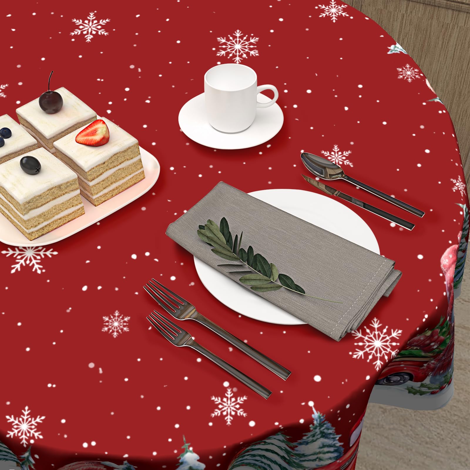 Kawani round tablecloth protects surfaces while adding color to meals