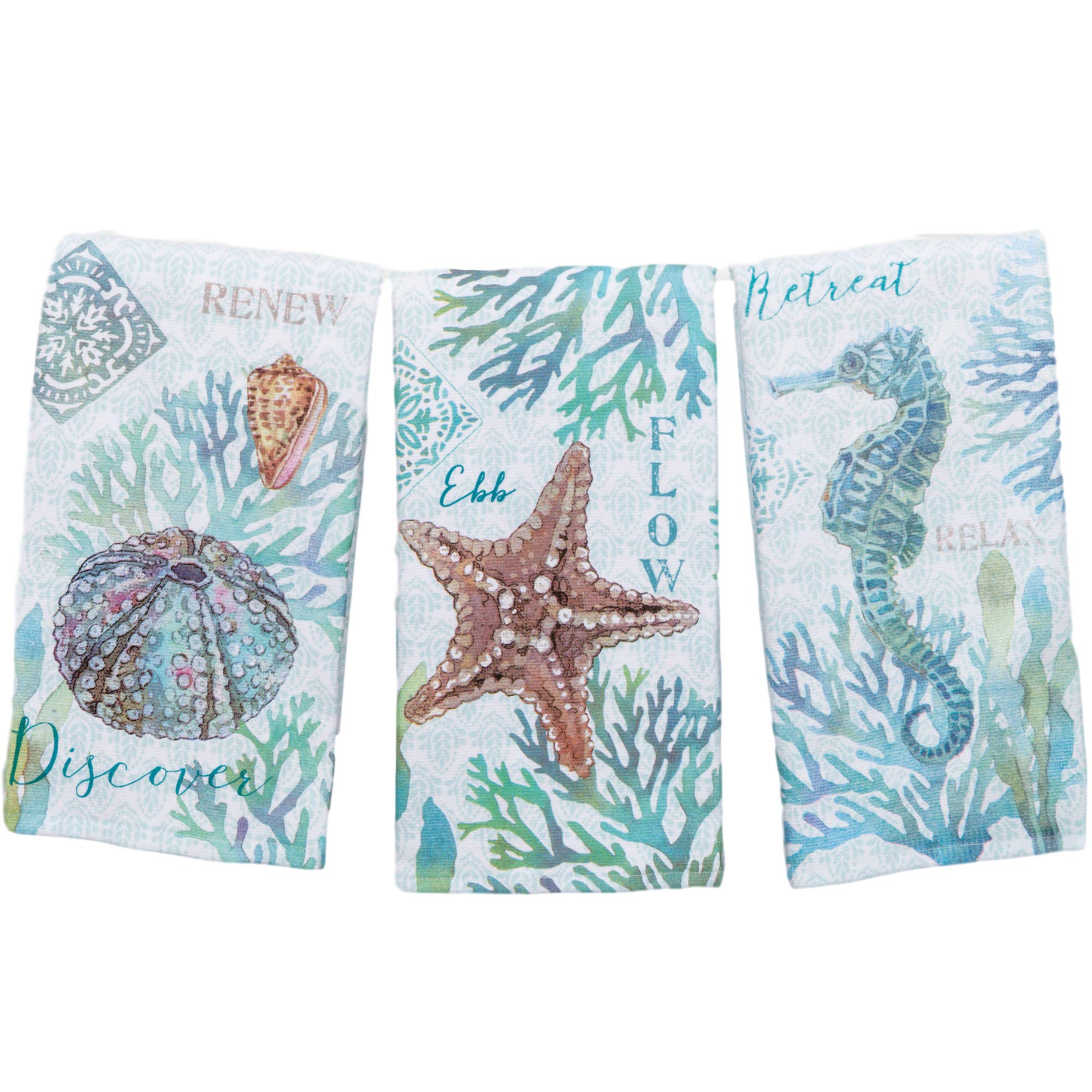 Kay Dee Beachcomber towel seahorse print for coastal kitchen charm.