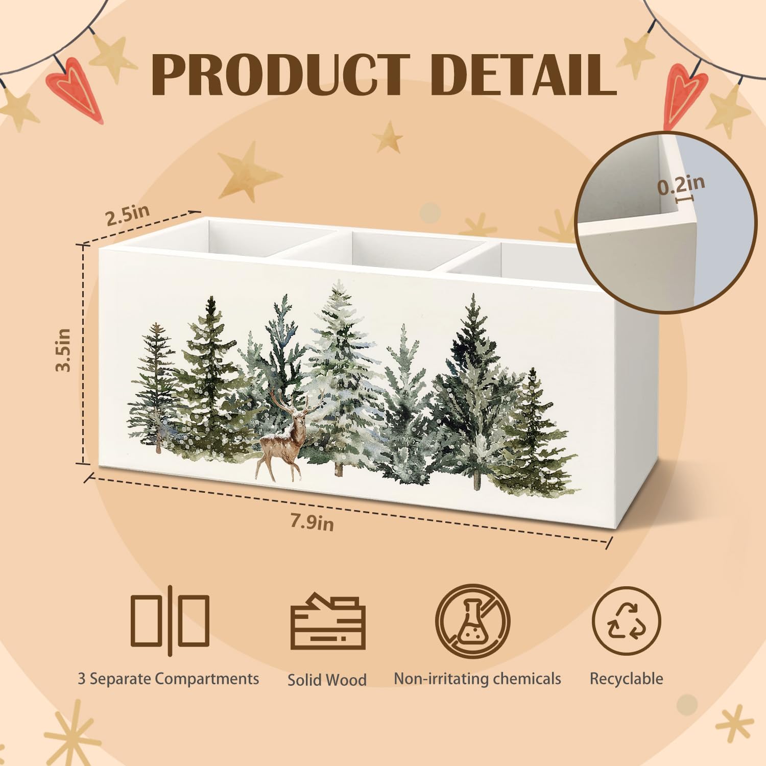 KBRCT reindeer and winter forest themed wooden holder on a counter.