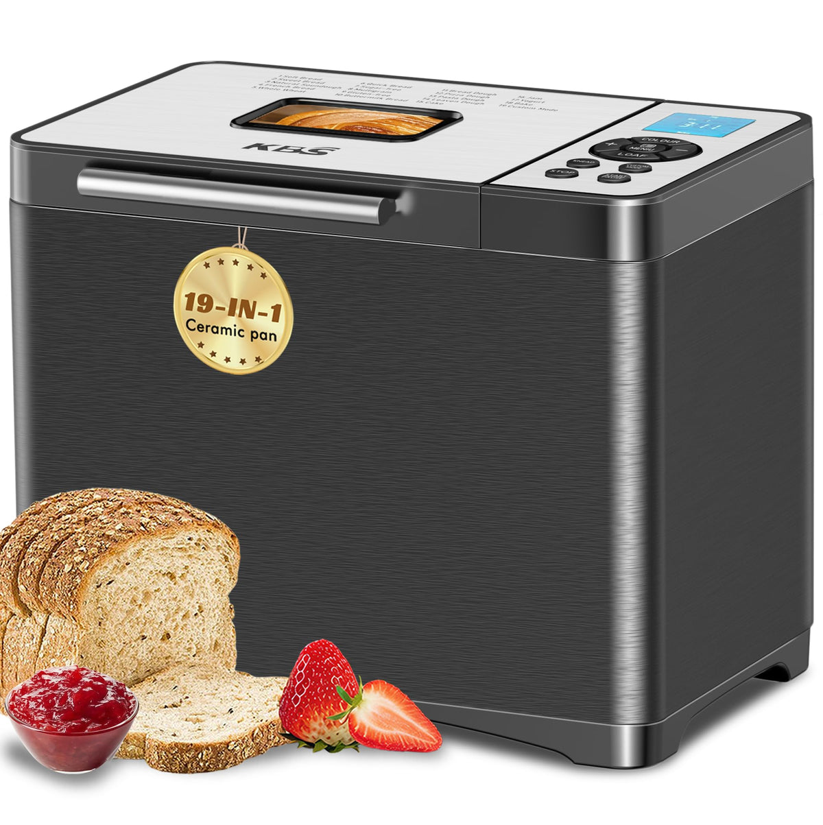 KBS 19-in-1 bread maker front view in sleek stainless steel for modern kitchens.