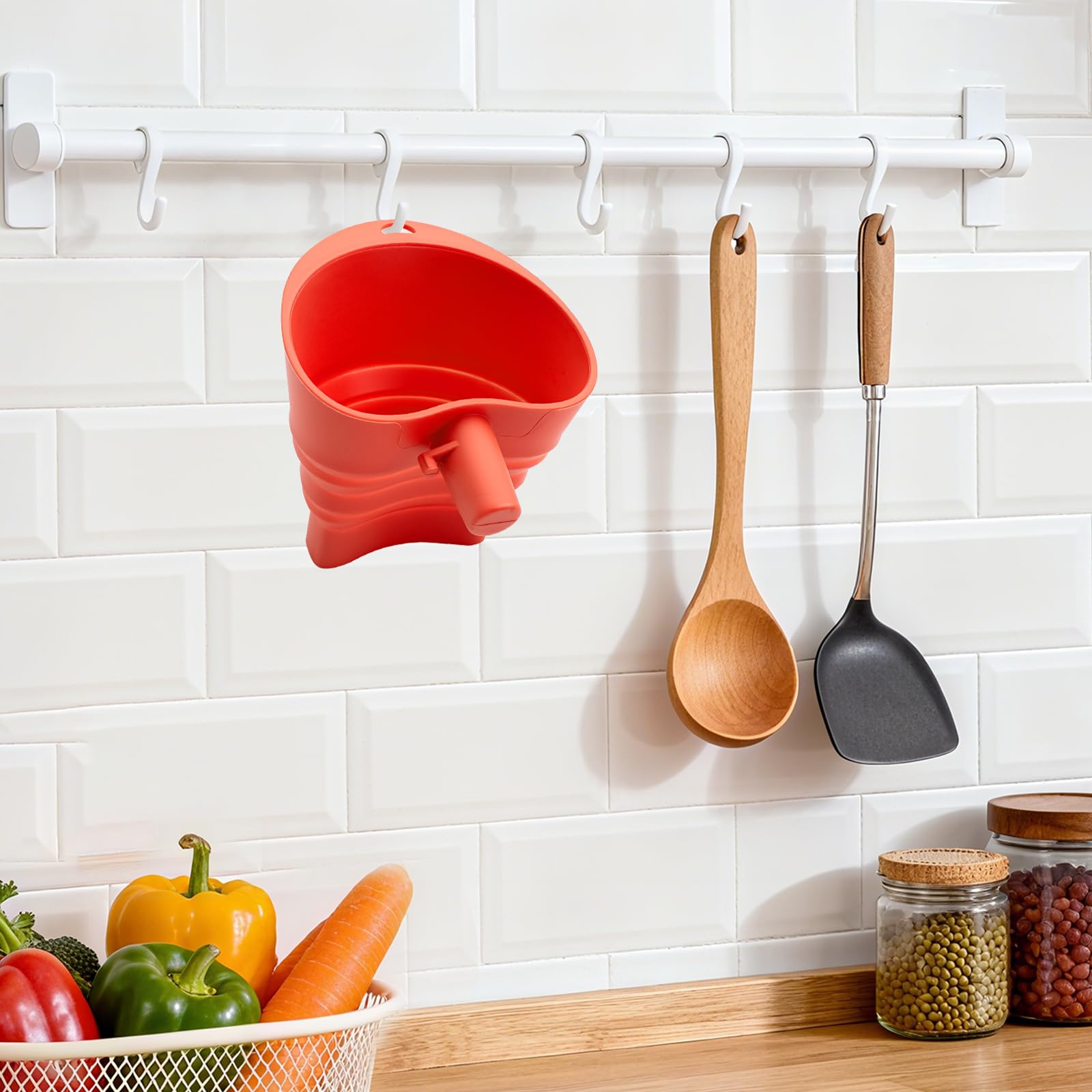 KCMOSGI flour funnel red, durable silicone withstands frequent baking.
