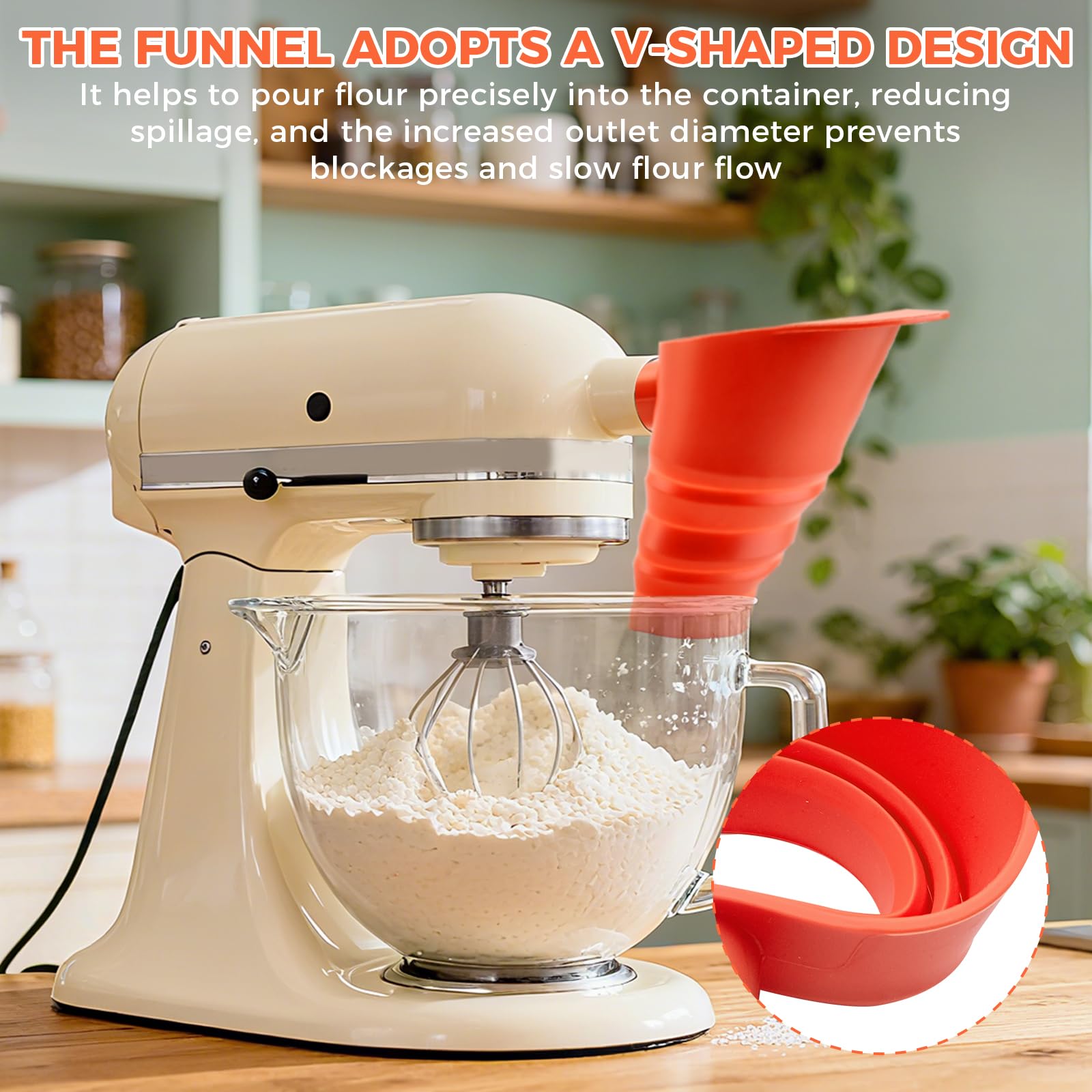 KCMOSGI flour funnel red in-use inside KitchenAid bowl for steady pouring.