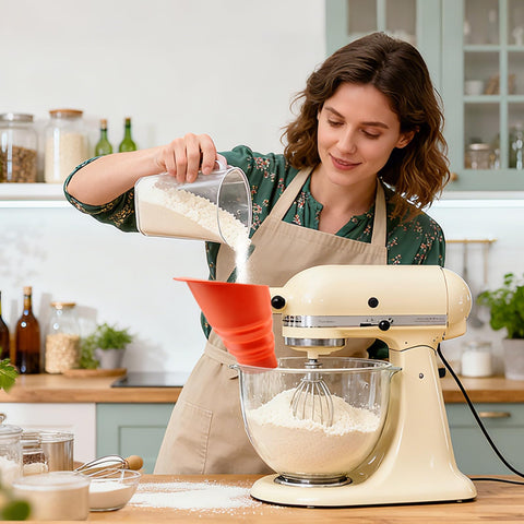 KCMOSGI flour funnel red, KSM150 compatibility for KitchenAid mixers.