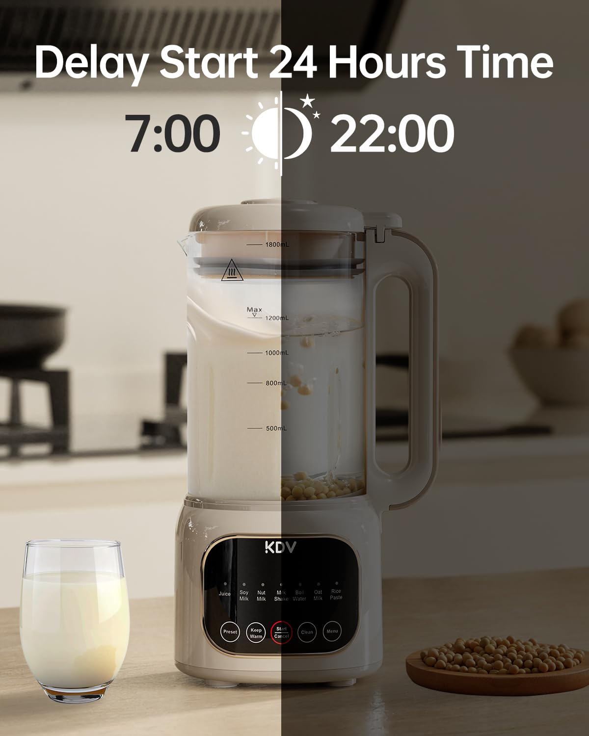 KDV oat coconut milk blender with clear jar for quick dairy-free beverages.