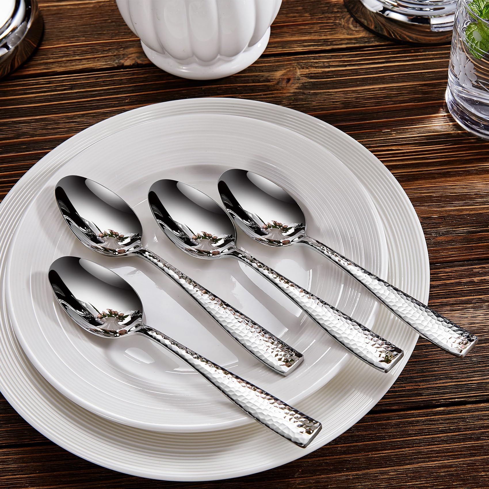 KEAWELL Louis hammered table setting shot inspires elegant dining experiences.