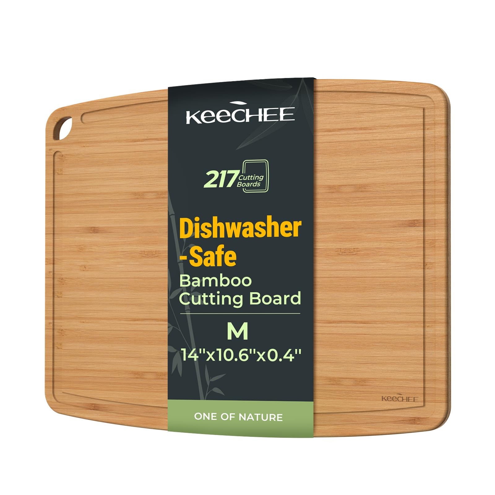 Keechee bamboo cutting board, dishwasher-safe, easy cleanup on busy weeknights.