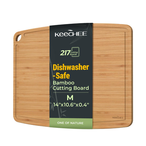 Keechee bamboo cutting board, dishwasher-safe, easy cleanup on busy weeknights.