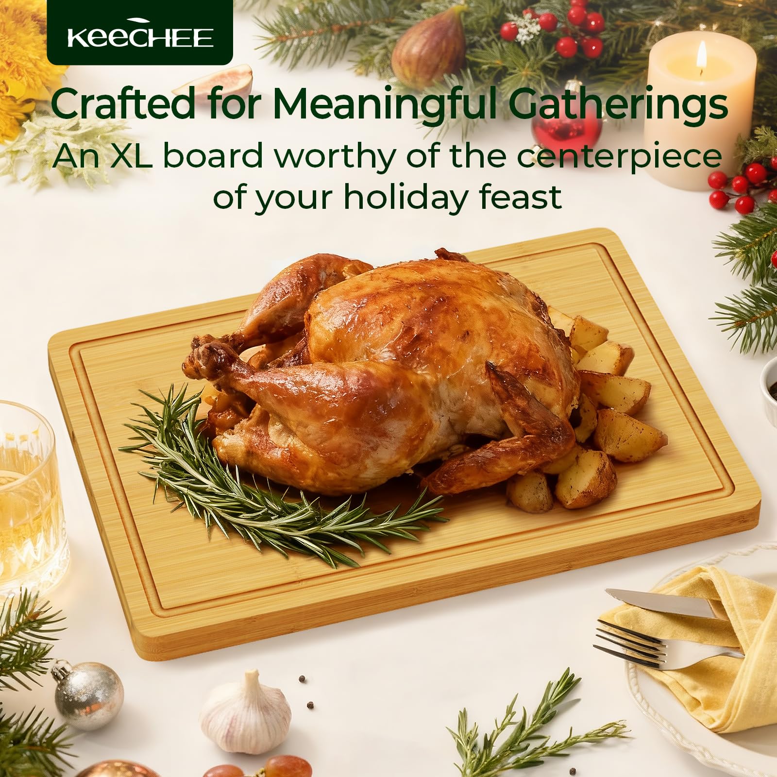 Keechee cutting board with built in handles for easy transfer and serving.