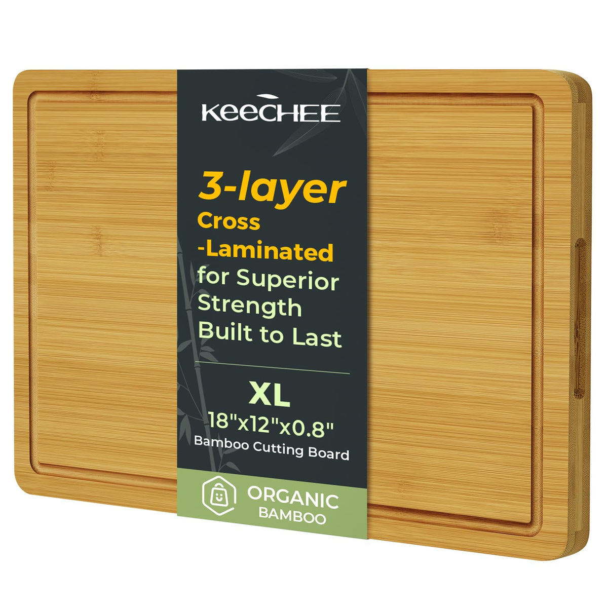 Keechee bamboo cutting board XL with knife friendly surface for clean slices.
