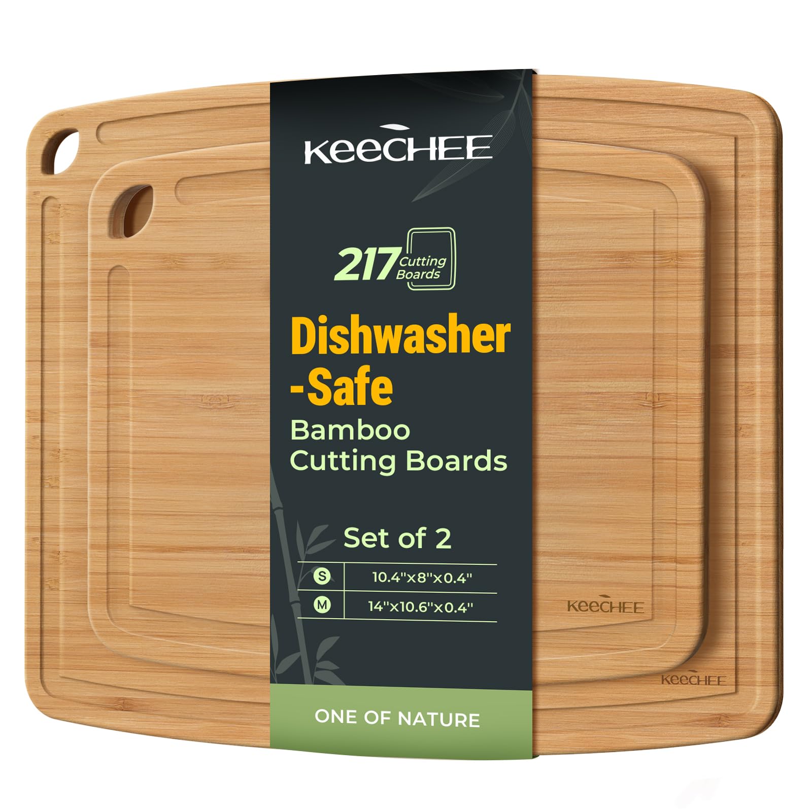 Keechee bamboo cutting boards two-pack front view for space-saving prep.