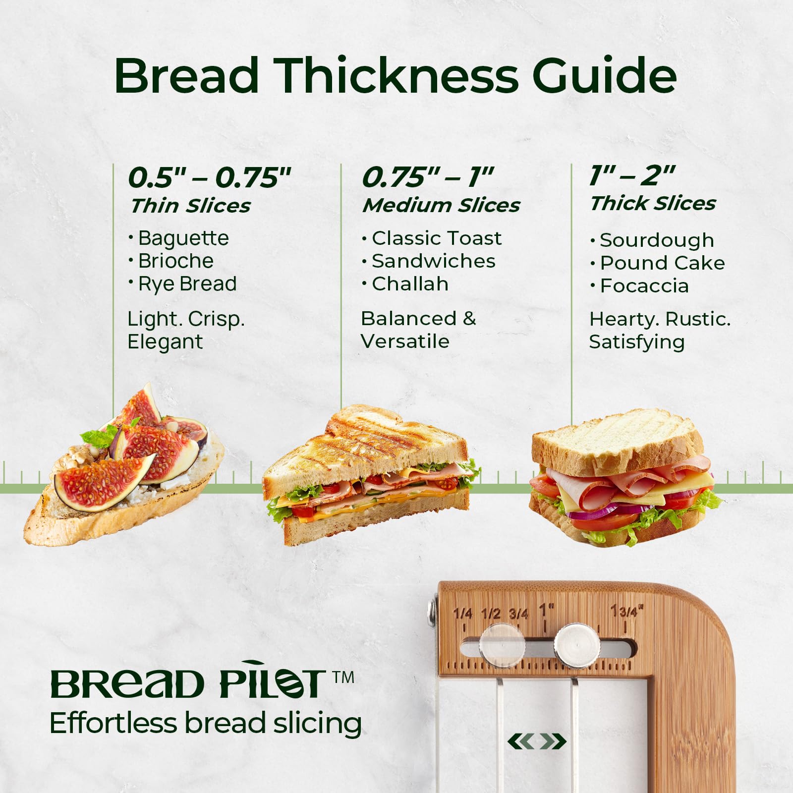 Keechee Bread Pilot thickness guide shows ¼–2 inches for customizable slice thickness.