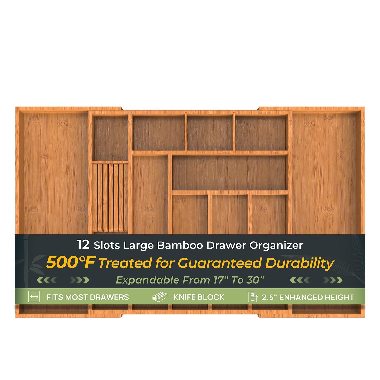 Keechee carbonized bamboo drawer organizer, 12 slots, expands from 17 to 30 inches.