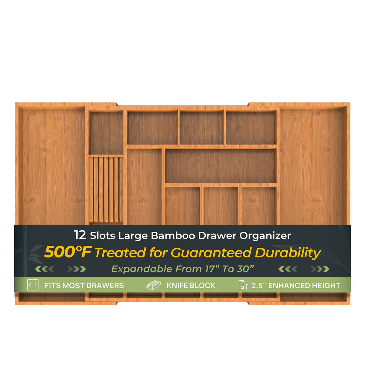 Keechee carbonized bamboo drawer organizer, 12 slots, expands from 17 to 30 inches.