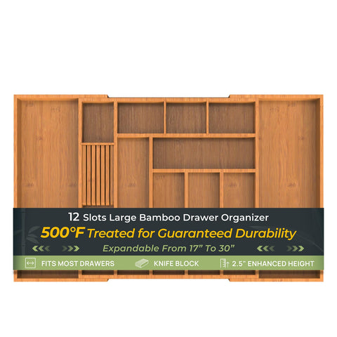 Keechee carbonized bamboo drawer organizer, 12 slots, expands from 17 to 30 inches.
